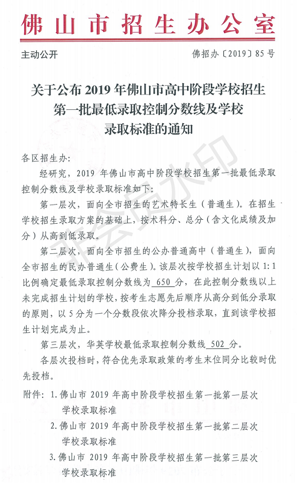 佛山市中考高中学校第一批次录取分数线