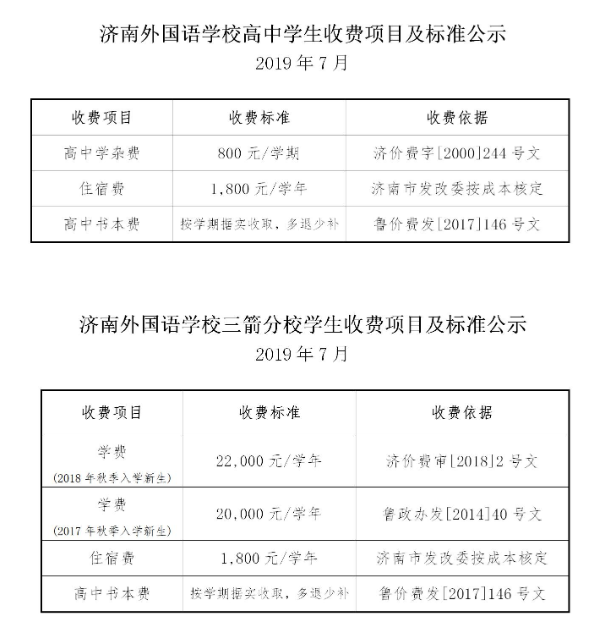 济南外国语高中部收费